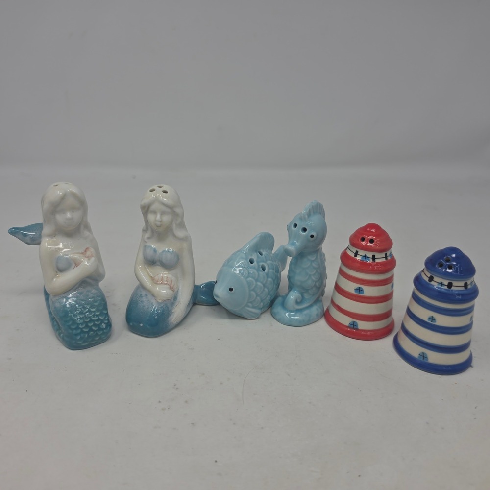 Nautical Ceramic Salt and Pepper Shakers Mermaid Seahorse Lighthouse Set of 6